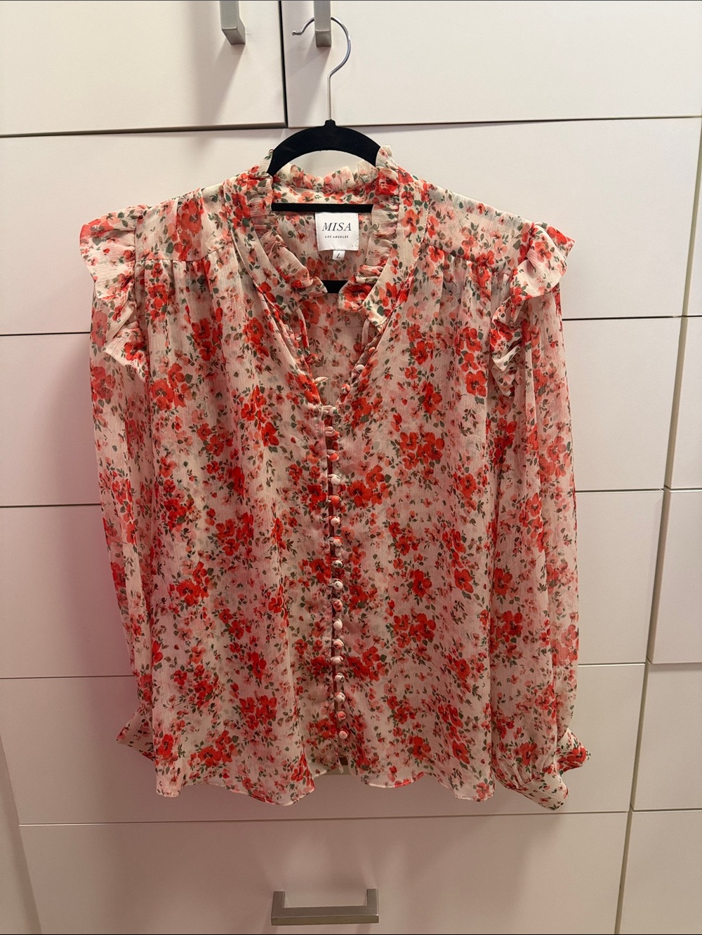 Misa Los Angeles Pink Blouse with Red Floral Print and Ruffle Trim